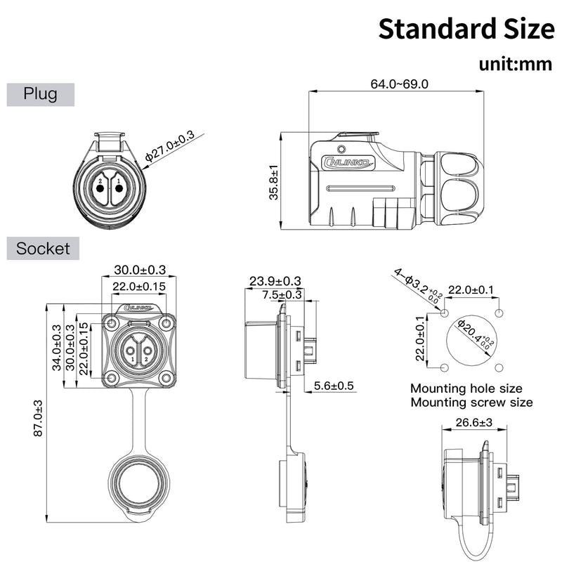 CNLINKO LP20 2 Pin Reverse Mountable Round Waterproof Connector IP68 Female and Male For Automotive and Outdoor Applications (2 Pin Semi Metal) 2 Polig Semi-metal material