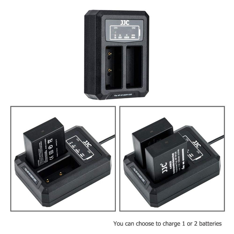 JJC NP-W126 NP-W126S Battery Charger USB Dual Slot for Fuji Fujifilm X100VI X100V X100F X-T50 XT50 X-T30II X-T30 X-T20 X-T10 X-T3 X-T2 X-S10 X-E4 X-E3 X-E2 X-E2S X-A7 X-T200 X-T100 X-H1 XPRO3 & More For Fujifilm NP-W126 or NP-W126S Battery Black