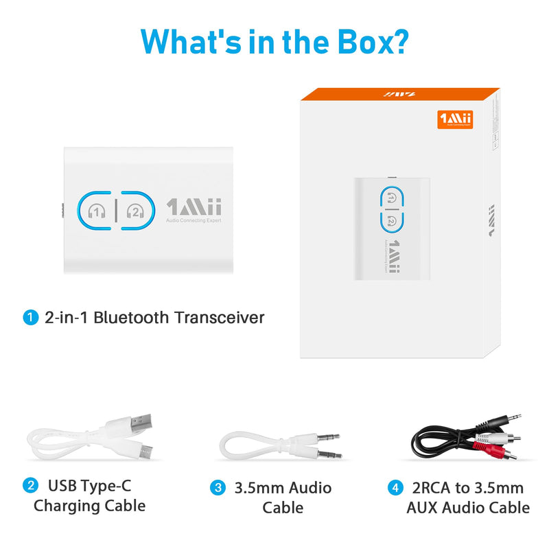 [AUSTRALIA] - 1Mii Bluetooth Transmitter Receiver for TV/Airplane to Headphones, Bluetooth 5.3 AUX/RCA Audio Adapter with AptX Adaptive/Low Latency/HD Audio, Dual Link, Wireless Receiver for Home Stereo, Boat, Gym White 