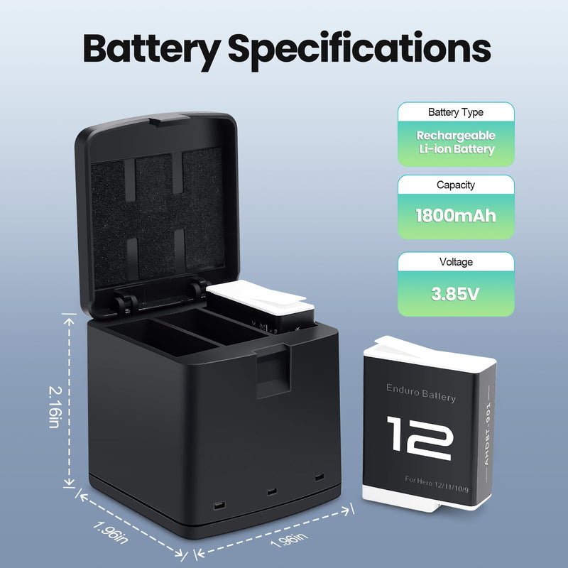 2 Packs Batteries 1800mAh for GoPro HERO 12 Black with 3 Channel Battery Charging Station Compatible with GoPro HERO 12, GoPro HERO 11, GoPro HERO 10, GoPro HERO 9 Black Camera