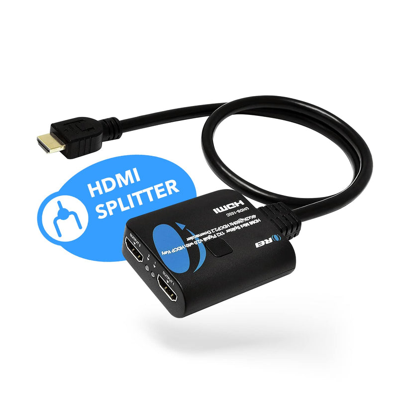 OREI 4K 1 in 2 Out HDMI Splitter 4:4:4 8-bit - HDMI 2.0, HDCP 2.2, 18 Gbps, 4K @ 60Hz HDMI Display Duplicate/Mirror Only - UltraHD High Resolution Down Scaler 1x2 (UHDS-102C) Pig Tail Splitter
