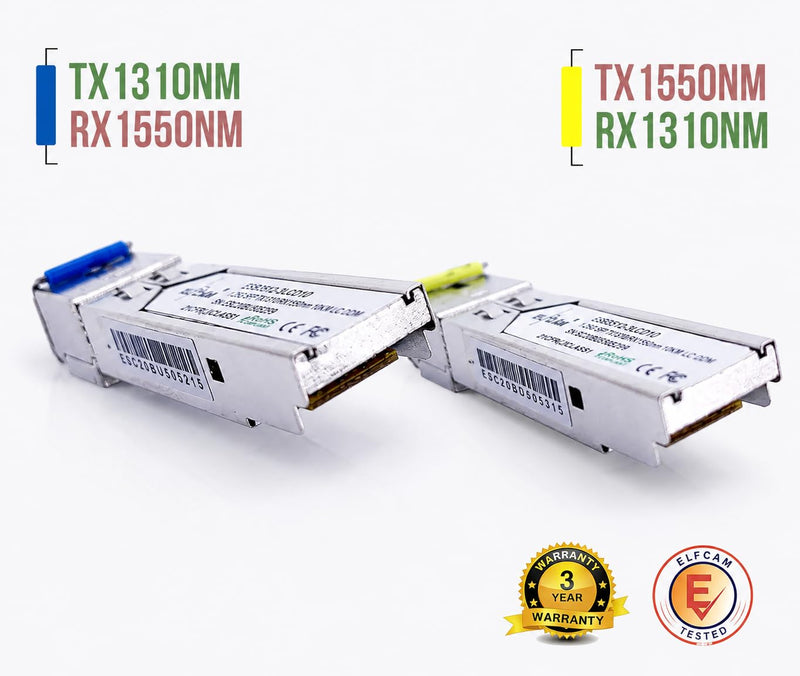 Elfcam® - Pack of 2 SFP Module 1.25G LC/UPC Single Mode Fiber Optic Cable Connector, 10KM DDM, TX 1310nm / RX 1550nm and TX1550nm / RX1310nm grey