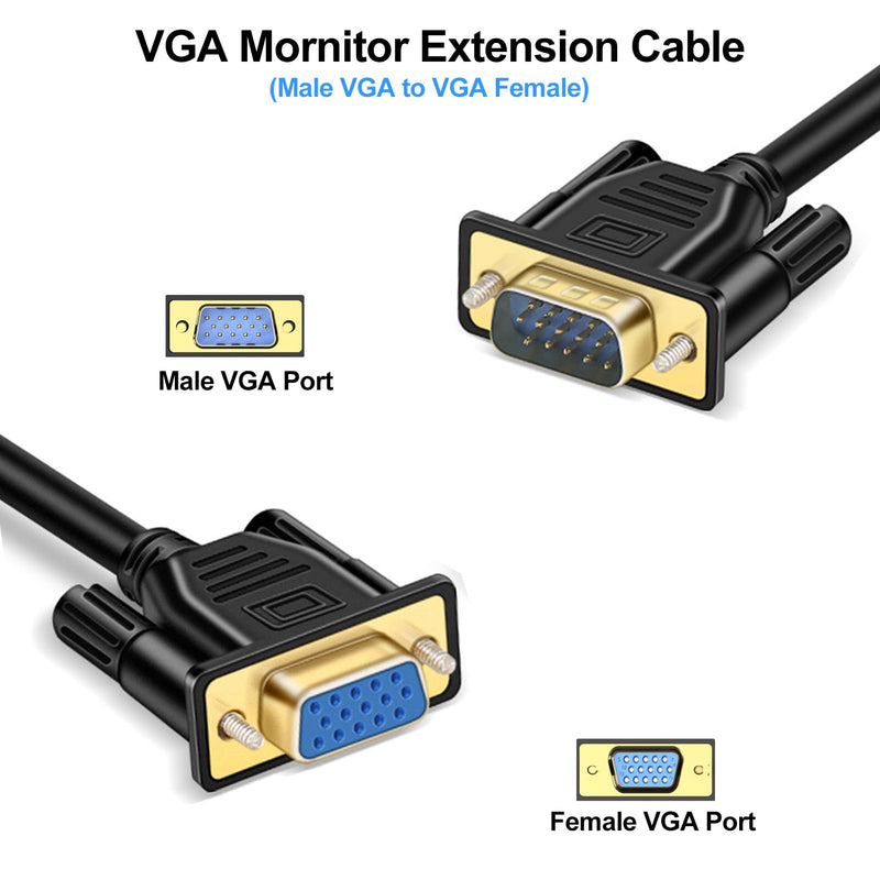 VGA Extension Cable, VGA Cable Male to Female 6 Feet (VGA 15 Pin), SVGA Male to Female HD15 Monitor Video Adapter Cable Support 1080P Full HD for Laptop, PC, Projector, HDTV, Display 1 6.6FT