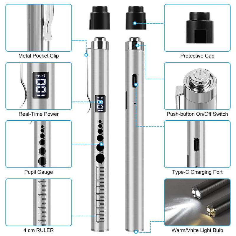 Flintronic Upil Light Medicine, 1 Piece Diagnostic Light with Digital Display, Pupil Meter and Ruler, Rechargeable USB LED Pen Lamp for Nurses, Students, Doctors (Silver) Type-c silver 1pc