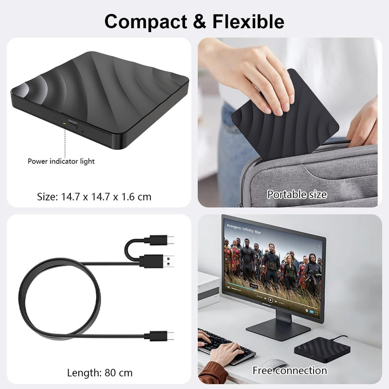 QDSYLQ External CD DVD Drive for PC - USB 3.0 CD Burner DVD Player for Laptop, External Optical Drives for PC/MacBook, Disc Reader for Windows 11/10/8/7/XP/Vista, Linux, Mac Glossyblack