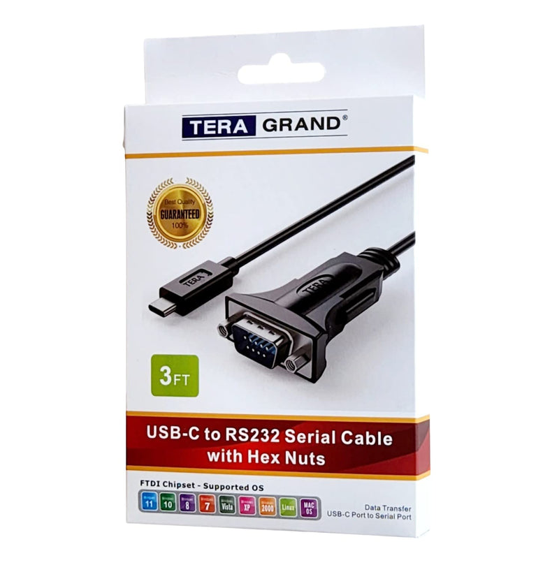 Tera Grand - USB C to RS232 Serial DB9 Adapter Cable with Hex Nuts and FTDI chipset, Supports Windows 11, 10, 8, 7, Vista, XP, 2000, 98, Linux and Mac, 3 Ft 3 Feet