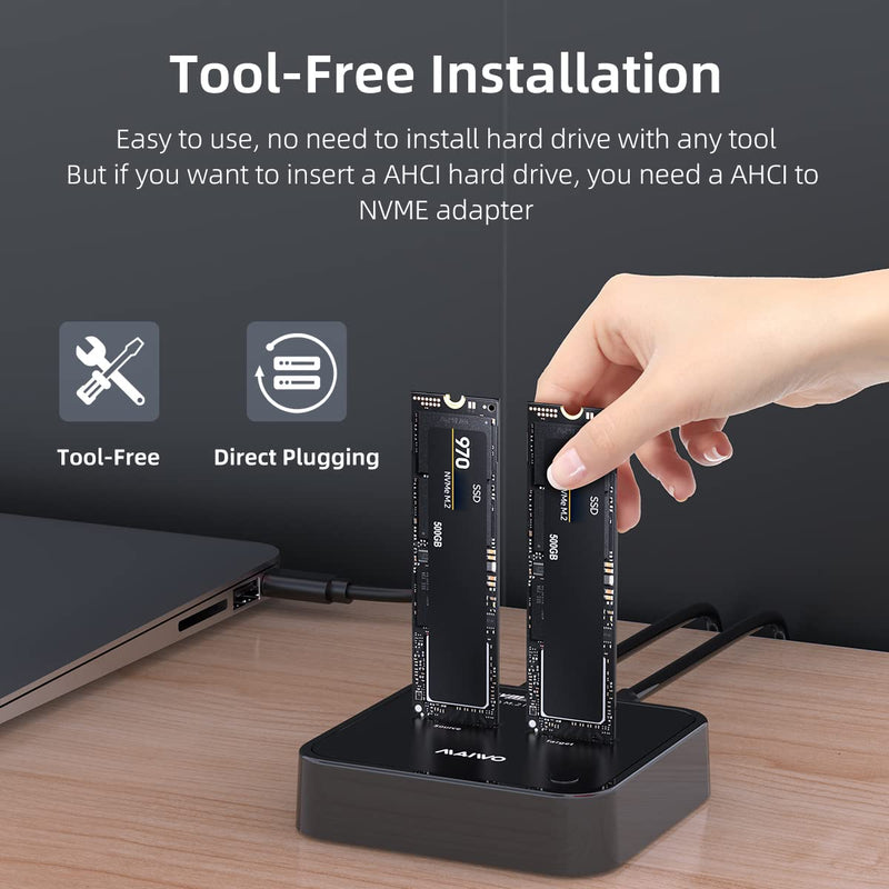 MAIWO Dual Bay M.2 NVMe Duplicator Cloner Dock, Support Max 2 x 4TB 20Gbps AHCI to NVMe Clone, PCIe SSD Read&Write&Clone for 2230/2242/2260/2280/22110 SSDs NVMe SSD Dock & Cloner 20Gbps