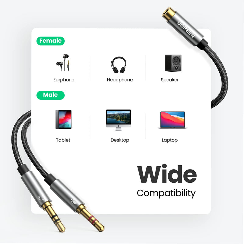 UGREEN Headphone Splitter for Computer 3.5mm Female to 2 Dual 3.5mm Male Braided Audio Splitter Cable Microphone Stereo Jack Earphones Port Cord Gaming Headset to PC Laptop Adapter Black