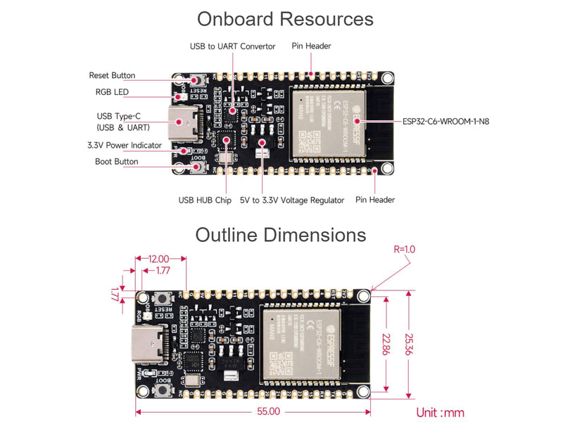 ESP32-C6 Microcontroller WiFi 6 Development Board ESP32-C6-WROOM-1-N8 Module with RISC-V 32-bit Sngle-core Processor, WiFi 6+Bluetooth 5+IEEE 802.15.4 Wireless Communication