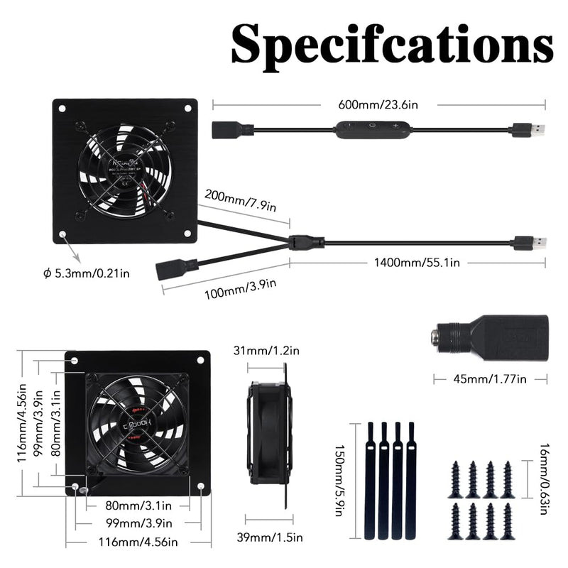 4 Inch (80mm) USB DC Quiet Cooling Fan - 5V/12V IPX5 Waterproof with 10 Speed Control, Ideal for Home Theater AV Cabinets, Greenhouse, Kennel & PC Components
