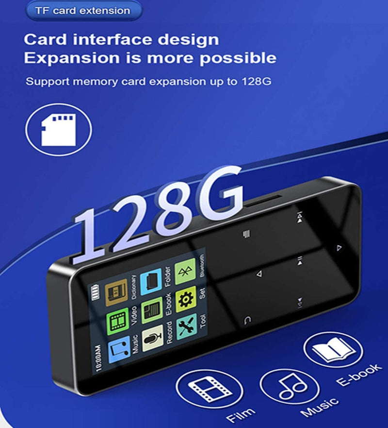 [AUSTRALIA] - 64GB MP3 Player with Bluetooth 5.0 2.0 inch Screen Touch Button Portable Hi-Fi Lossless Music Player Speaker with FM Radio Recorder Alarm Clock Pedometer Wired Headphone Support Card (Black) 