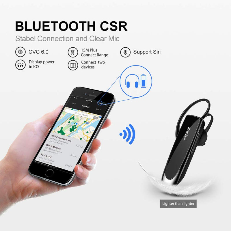 New bee Bluetooth Earpiece V5.0 Wireless Handsfree Headset with Microphone 24 Hrs Driving Headset 60 Days Standby Time for iPhone Android Samsung Laptop Trucker Driver (Black) Black