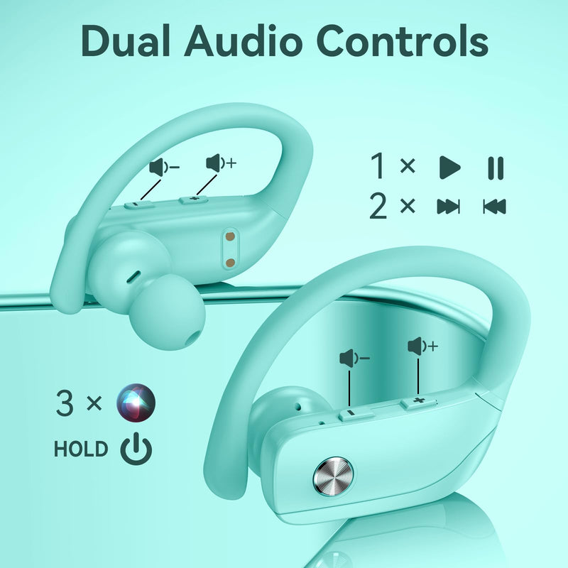 bmani Ear Buds Wireless Earbuds Bluetooth Headphones with 80H Playtime LED Display Case, Over-Ear Hook with Mic, Stereo Sound, Easy Button Controls, Sports Earphones for Running Workout Gym Mint Green Standard