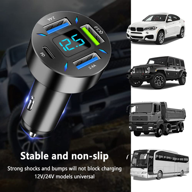 Car Charger 66W Super Fast Charging with USB PD&QC 3.0(Voltmeter&LED Lights) Universal Quick Charge for 12-24V Car Cigarette Lighter Plug,Compatible with iPhone 14 13 12,S22 S21 S20,iPad (BK351) BK351