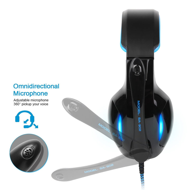 SADES Newest SA902 7.1 Channel Virtual Surround Sound USB Gaming Headset Over-ear Headphones with Noise Isolating Mic LED Light for PC Mac Computer Gamers(Black Blue) SA902Black