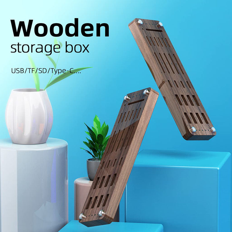 FEIFANZHE Wooden Memory TF SD Card Case Box and USB Drive Stand / SD Card Holder Desk,Micro SD Card Case,Memory Card Case, Mobile Card Taking Needle Carrying Case-01M pure walnut wood