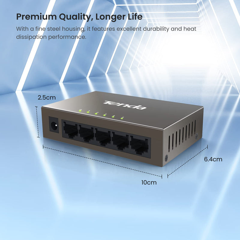 Tenda 5 Port Fast Ethernet Switch | Ethernet Splitter | 5 x 10/100Mbps Ports | Unmanaged Network Switch | Plug & Play | Desktop/Wall-Mount | Fanless Quiet Network Hub | Sturdy Metal Case | Mini Size 1 Count (Pack of 1)