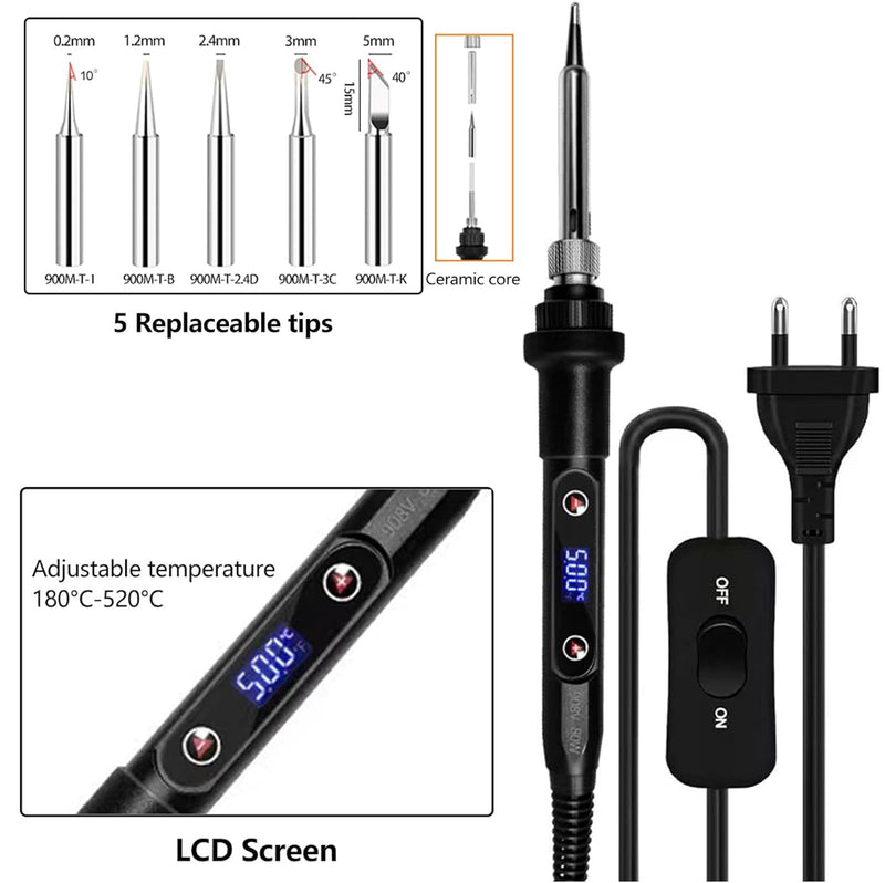 80W Adjustable Soldering Iron Set with LCD Display, Temperature Range 180-520°C, Desoldering Pump, 5 Soldering Tips, Soldering Iron Stand, for Electronic Repairs & DIY Projects