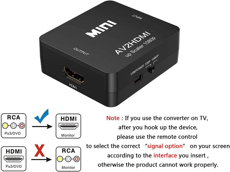 RCA to HDMI Converter, 1080P RCA Composite CVBS AV to HDMI Video Audio Converter Adapter Compatible with N64 Wii PS2 Xbox VHS VCR Camera DVD, Support PAL/NTSC with HDMI and USB Power Cable Converter(With HDMI Cable)