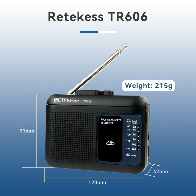[AUSTRALIA] - Retekess TR606 Tape Recorder Cassette Player, AM FM Cassette Players, Supports Voice/AUX Line in Record, Powered by DC or AA Battery (Black) Black 