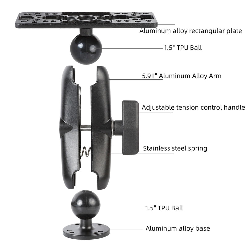 xik Aluminum Alloy Fish Finder Mount with 1.5" / C Size Ball Double Socket Arm, 5.91" Arm Marine Electronic/Depth Finder Mount for Boat, Compatible with Garmin, Lowrance, Humminbird Regular Arm Mount (with 5.91" Arm)