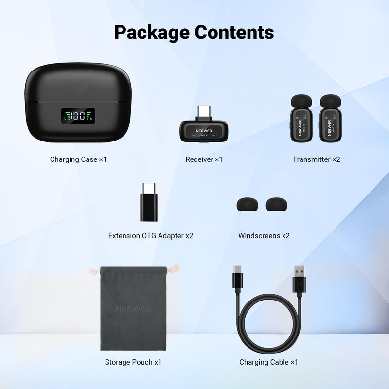 [AUSTRALIA] - NEEWER KM19 Lightweight Wireless Lapel Microphone, 48kHz/24bit 30H Battery 3-Level Noise Cancelling Mute Stereo 100m Range Mini Lav Mic with App Control, Compatible with iPhone Android Phone PC 