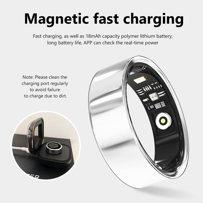 Smart Ring for Women Men Health Tracker Ring No APP Fee 7-Day Battery Life IP68 Waterproof Sleep Step Monitor (Silver, 9) Silver