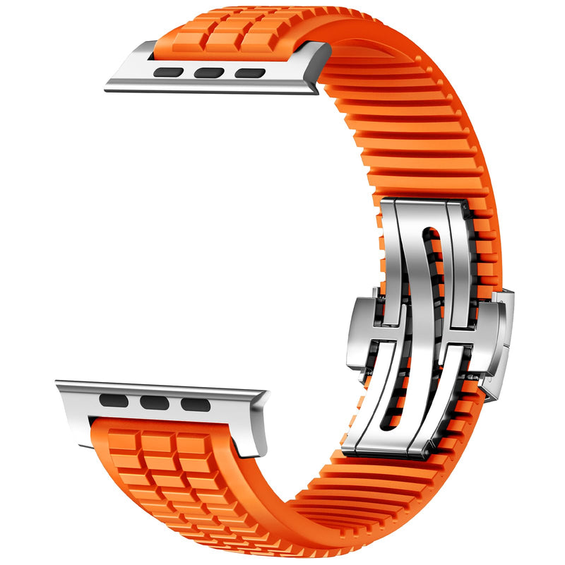 FKM Rubber Band Compatible with Apple Watch Ultra 2 Bands for Men 49mm 46mm 45mm 44mm, Luxury Rugged Silicone Strap with Metal Connector for iWatch Series 10 9 8 7 6 5 4 3 2 1 SE Orange-Silver 49mm/46mm/45mm/44mm/42mm(Series 3 2 1)