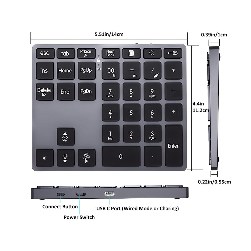 Tri-Mode Aluminum Numpad 7-Color LED Backlit, BT5.0/USB/2.4G Wireless Rechargeable Number Pad 35-Key Scissor Switches Light Up Keycaps for PC/Laptop/Win/Mac, Grey Black