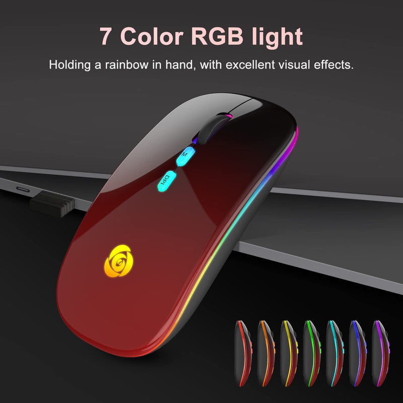 LED Wireless Mouse Bluetooth &2.4GHz Instant Connection,Rechargeable Ultra Silent Slim,3 Adjustable DPI 2 Connection Modes with USB-C to USB Adapter for Laptop/MacBook/PC/Tablet/iPad (Black-red) Black-red