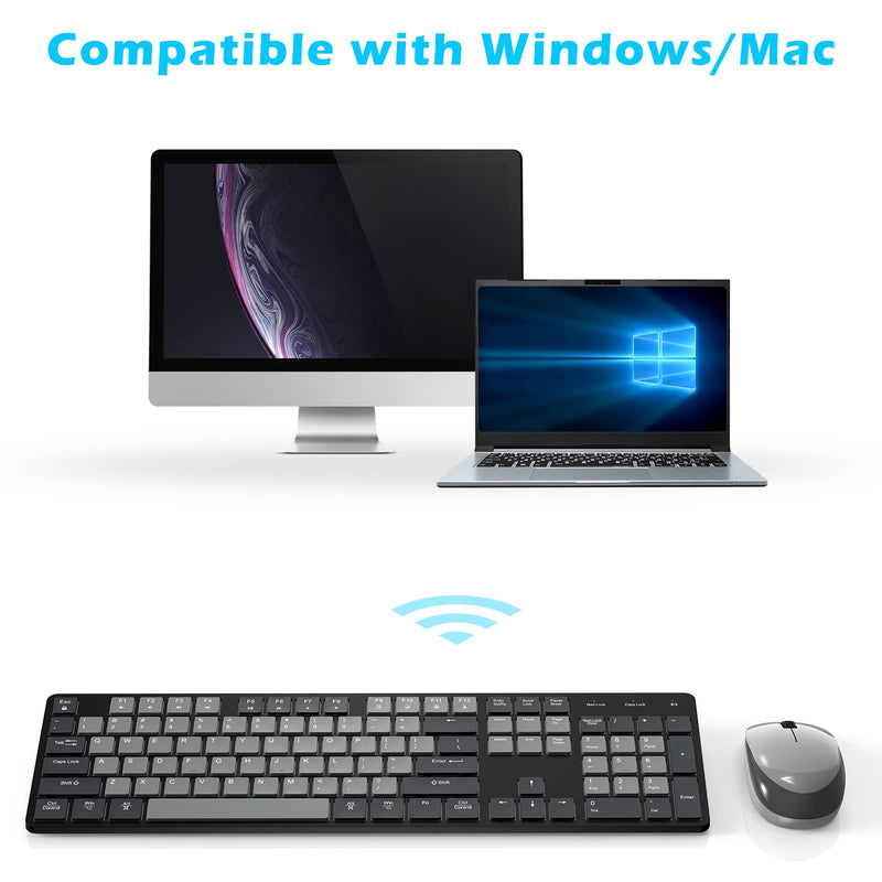 POWZAN Wireless Keyboard and Mouse, Ultra Slim Compact Full Size Wireless Keyboard and Mouse Combo 2.4G Ultra-Thin Sleek Design for Windows, Mac, Computer, Desktop, PC, Notebook - (Black Gray) Black Grey