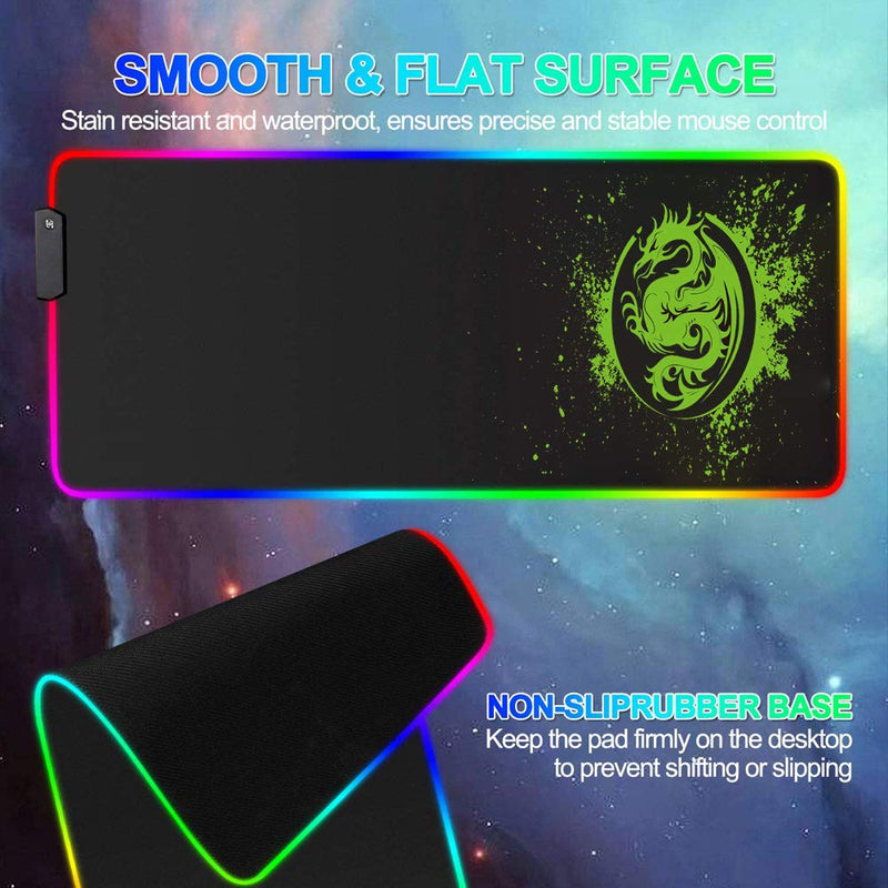 Large RGB Gaming Mouse Pad - 15 Light Modes Extended Computer Keyboard Mat, Anime Dragon Mouse Pad，High-Performance Mouse Pad Optimized for Gamer 31.5 X 12in (Green) Green