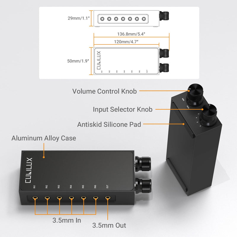 Cubilux 3.5mm 6-in-1 Stereo Audio Switcher with Volume Control & Mute, 6 Input to 1 Output Audio Selector Box for Headphones, Speakers, Laptop, PC, Smartphone, and Tablet