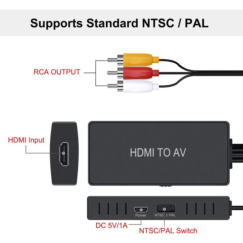 HDMI to RCA Converter, HDMI to Composite Video Audio Converter Adapter, HDMI to AV, Supports PAL/NTSC for PS4, Xbox, Switch, TV Stick, Blu-Ray, DVD Player, HDMI to RCA Converter