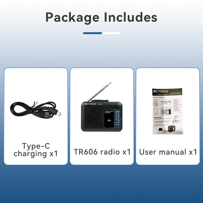 [AUSTRALIA] - Retekess TR606 Tape Recorder Cassette Player, AM FM Cassette Players, Supports Voice/AUX Line in Record, Powered by DC or AA Battery (Black) Black 