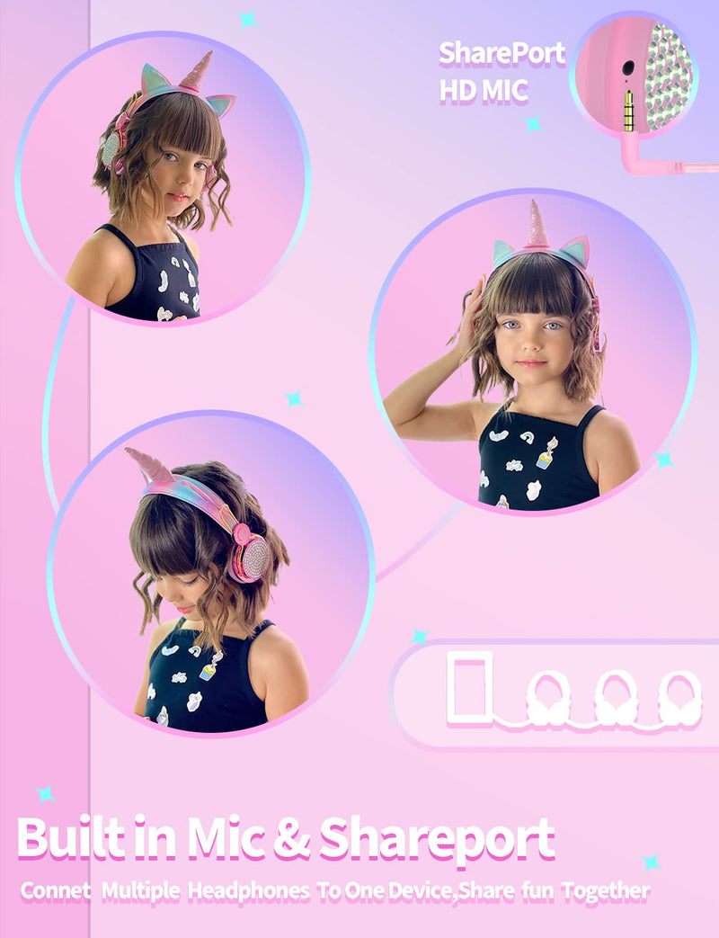 [AUSTRALIA] - Kids Unicorns Headphones with Mic for School/Travel,95dB Volume Limited,Shareport,On/Over Ear Wired Headsets with Nylon Cable-Hot Pink Rose2 