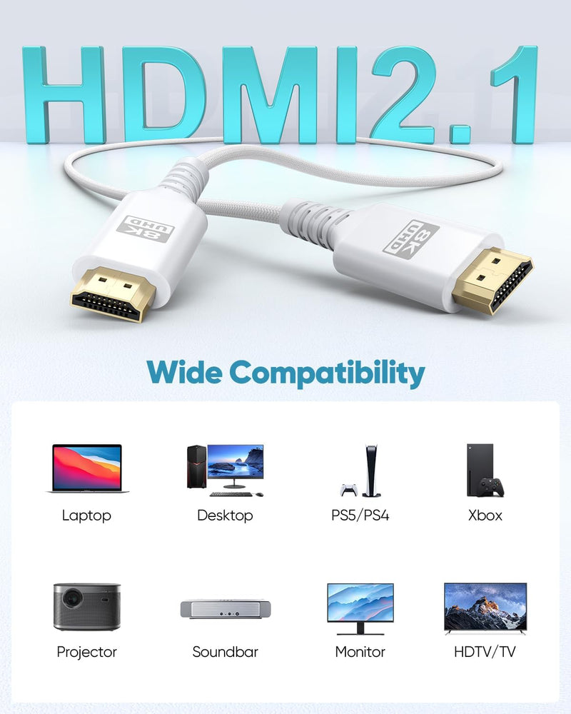 8K White HDMI Cable 30 FT, Long HDMI 2.1 Cable 30FT Ultra High Speed | eARC Braided HDMI Cord with 8K@60Hz, 4K@120Hz, HDR10+, Dolby, 3D, HDCP2.3 for Laptop/Monitor/HDTV/Soundbar/Blu-ray/PS5/Xbox 1