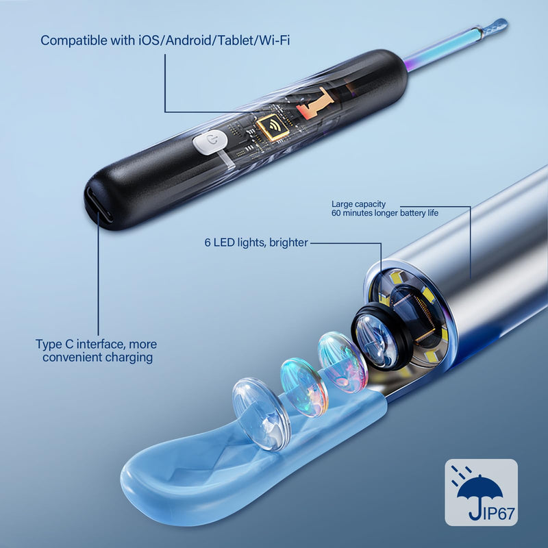 Pavlleen Ear Wax Remover Otoscope, with 6 LEDs and 3.5 mm Lens, IP67 Waterproof Otoscope, 360° Wide Angle Otoscope Camer, WiFi Ear Cleaner, Ear Cleaning for iPhone, iPad and Android Smartphones