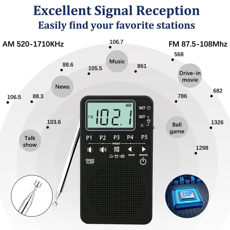 [AUSTRALIA] - AM FM Portable Pocket Radio, Battery Operated, Digital Tuning, Excellent Reception, Loud Speaker, Long Lasting, LCD Screen, Alarm Clock, Easy to use, Handheld Emergency Radio for Indoor & Outdoor 