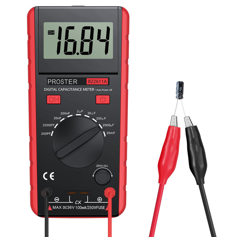 Proster Digitales Kapazitätsmessgerät 200pF-20mF Messgerät Kondensator Handmultimeter Tester für Anfänger mit drehbarer LCD-Anzeige Rot-vereinfachte Version