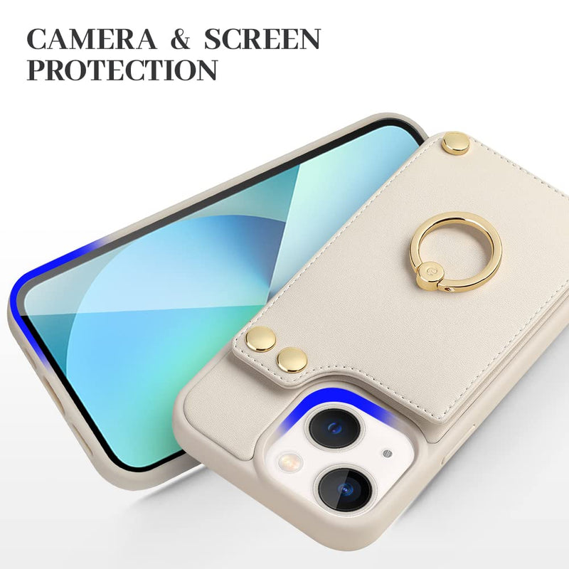 [AUSTRALIA] - LAMEEKU Wallet Case Compatible with iPhone 13, Case with Card Holder, RFID Blocking Leather Cover 360°Rotation Ring Kickstand Protective Bumper Designed for Apple iPhone 13 6.1'' (2021) Beige 