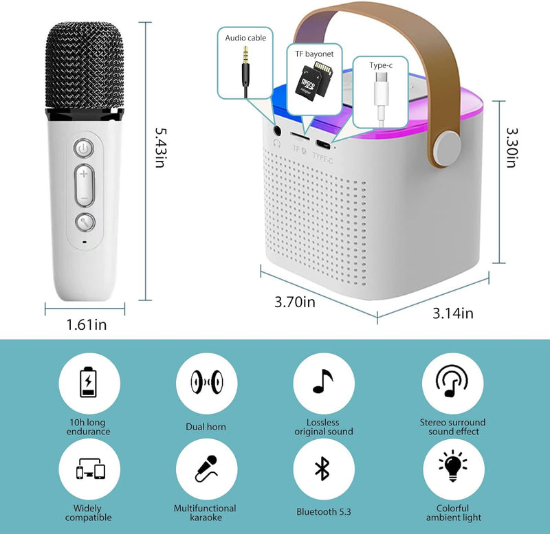 Wireless Bluetooth Karaoke Microphone for All Smartphones, Portable Bluetooth Karaoke Speaker with 2 Wireless handheled Microphones for Home Party, Birthday Gifts for Girls Boys Kids Adults (White)