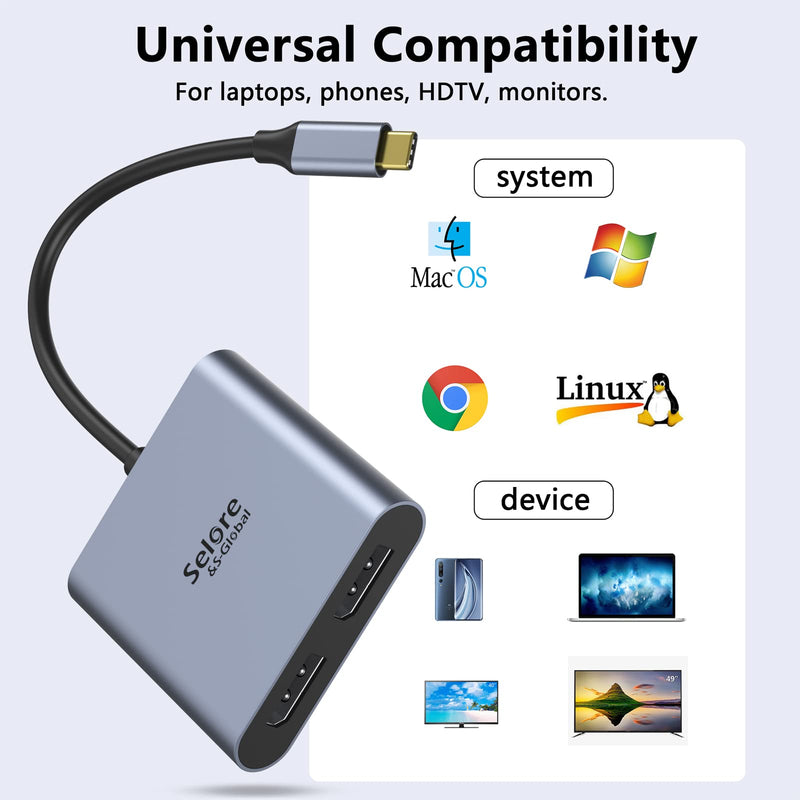 USB-C to Dual 4K DisplayPort Splitter Adapter, USB-C to DisplayPort | Dual Monitor Converter 4K@60Hz, USB-C DisplayPort Hub Compatible for Dell XPS 13/15, Lenovo Yoga, Samsung, Chromebook, HP Dual DP