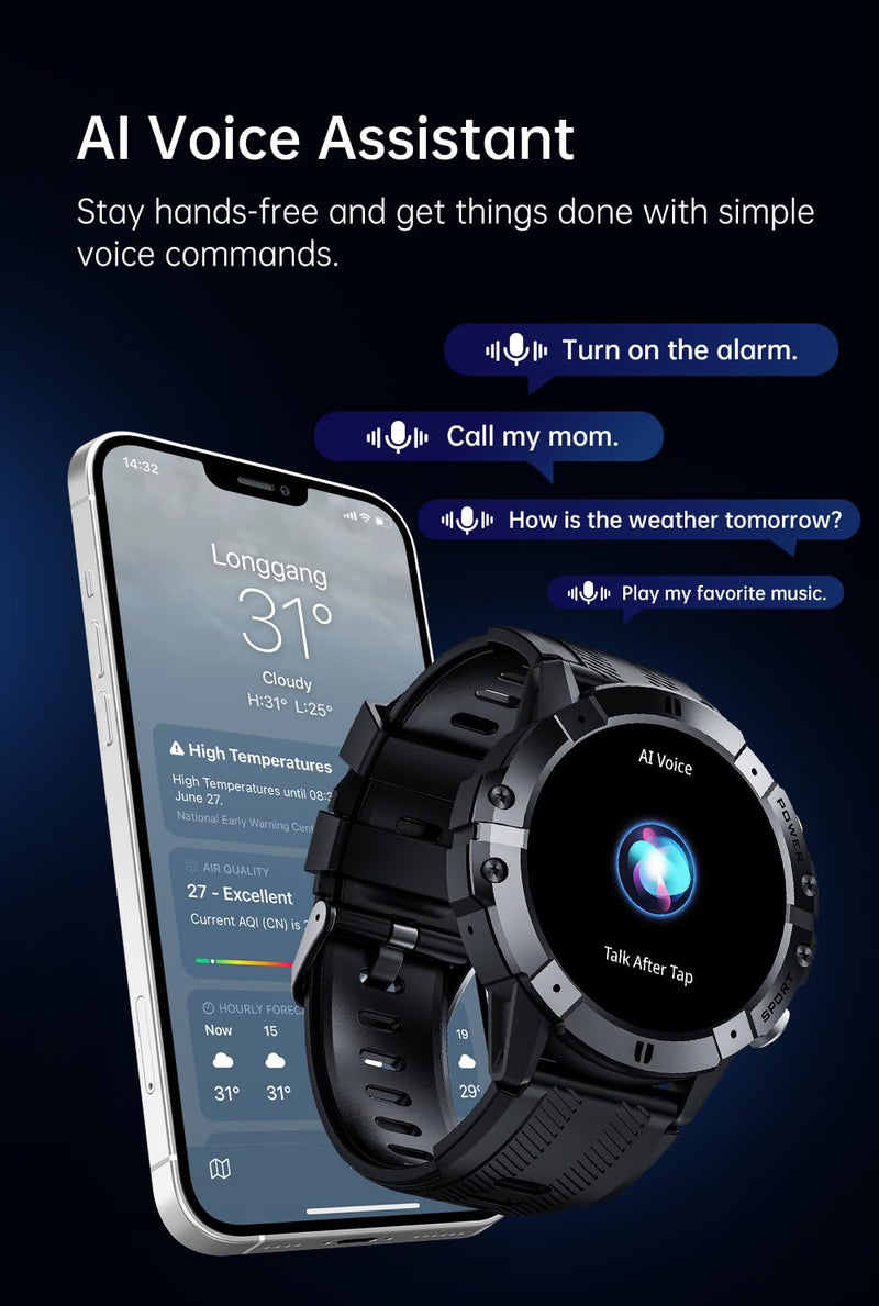 Gravity C29 Rugged Smart Watch, 1.52-Inch HD Display, 100+ Sports Modes, 7-10 Days Battery Life, AI Voice Assistant, 1 ATM Waterproof, Heart Rate & Sleep Monitoring, Shockproof (Black)