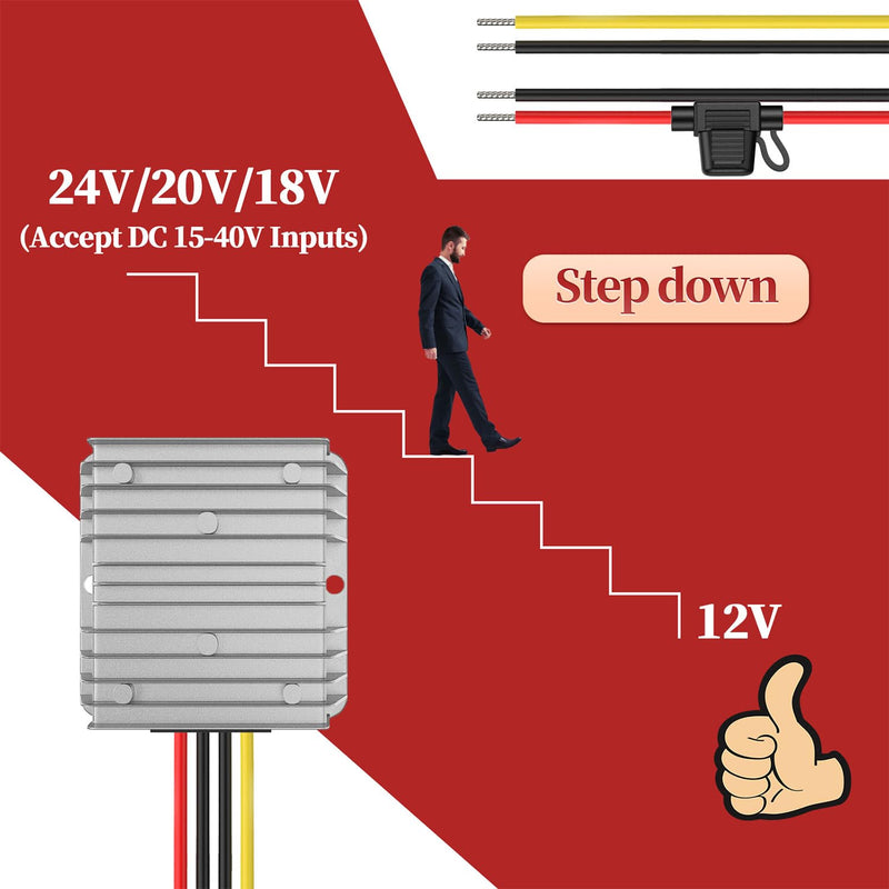 24V to 12V Voltage Converter, DC Converter 24V 12V 20A 240W with Fuse Waterproof, Step Down Converter for Golf Cart LED Light Motor Truck Vehicle Boat Solar System (DC15-40V Wide Input) 24V bis 12V 20A
