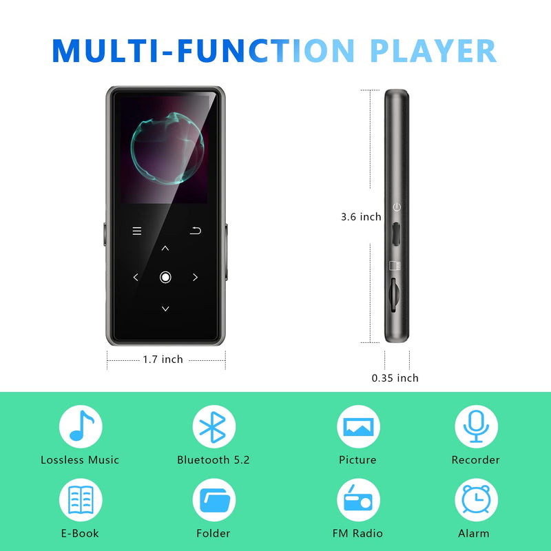 [AUSTRALIA] - 64GB MP3 Player with Bluetooth 5.2, AiMoonsa Music Player with Built-in HD Speaker, FM Radio, Voice Recorder, HiFi Sound, E-Book, Earphones Included Black - 64GB 