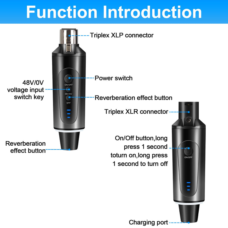 Depusheng S5 Wireless Microphone System Wireless Guitar Transmitter Receiver XLR Plug-on for Dynamic and 48V Condenser Microphones, Audio Mixer, with 48v Phantom Power and Reverb Switch
