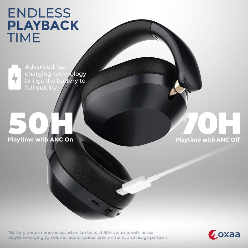 Headphones Wireless Headset with Deep Bass, 43dB Active Noise Cancelling Headphones for Adults, Wireless Headphones with 70H Battery, Fast Charging, Low-Latency Audio, Over-Ear Design (Black)