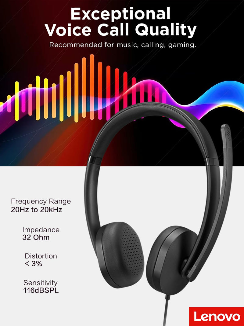 [AUSTRALIA] - Lenovo USB-A Wired Stereo Headset for PC/Laptop, AI Noise Canceling via APP, 140g Lightweight, Replaceable Earcups, Double-Sided Boom Mic, in-line Controls with Mute for Call. Work with Teams/Zoom 