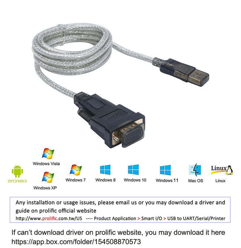 DTECH Serial Cable to USB Adapter DB9 Male RS232 Port Supports Windows 11 10 8 7 Mac (6 Feet, PL2303)